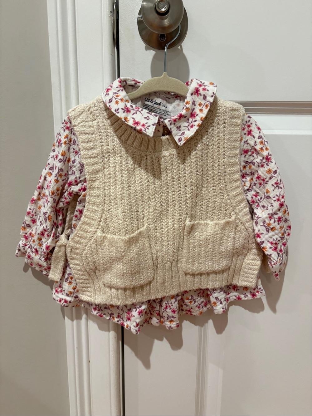 Cat & Jack Cream Knit Vest with Pink & Red Floral Blouse